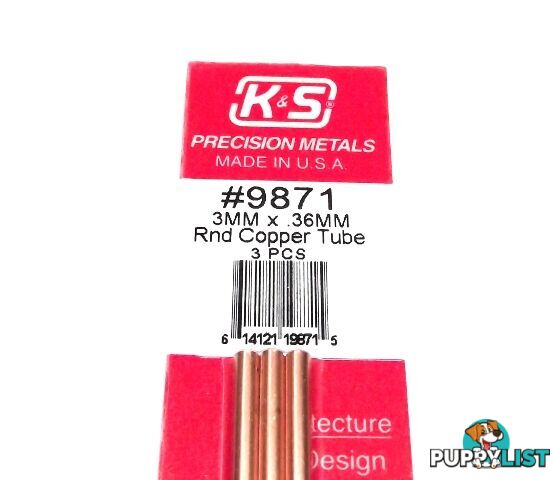 K&S METAL #9871 COPPER ROUND TUBE 3X300MM 3PCS - K &amp; S METALS