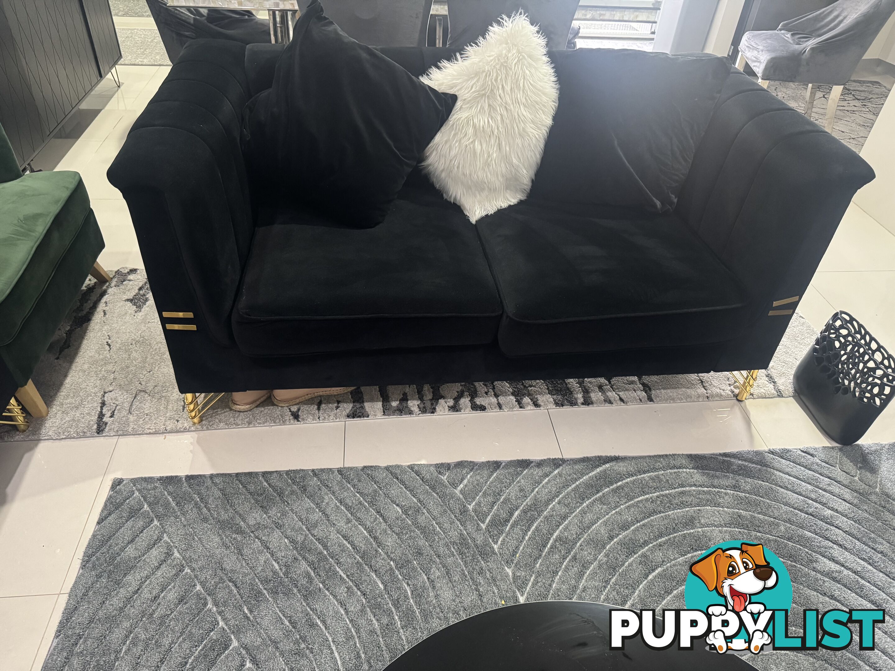 Black velevet  with gold leg lounge excellent condition less than 6 months old