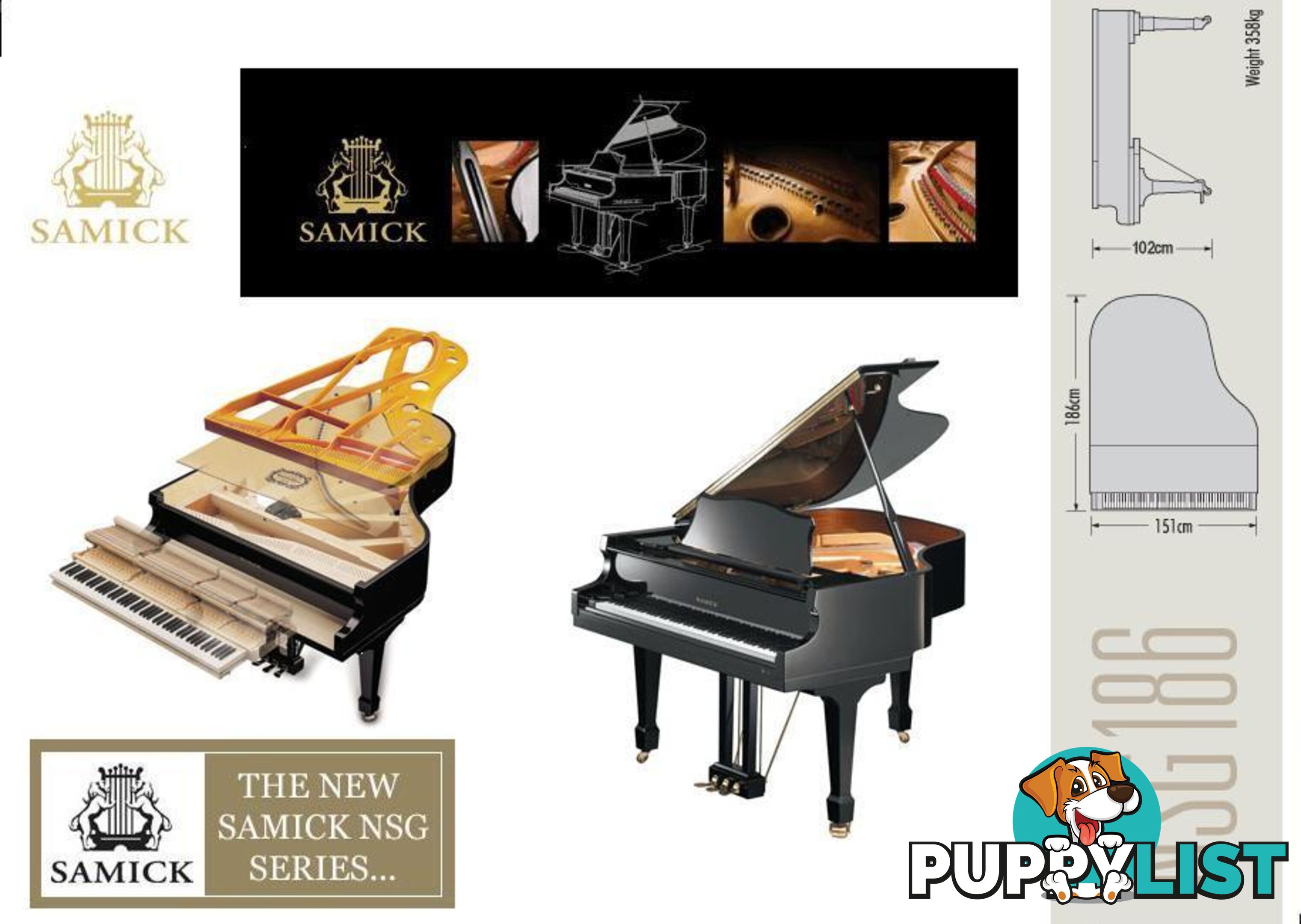 186cm Samick Grand Piano Ebony Polished NSG186