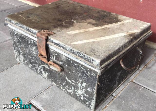 Small Black vintage Steel trunk. Inner tray. W 41cm D 31cm