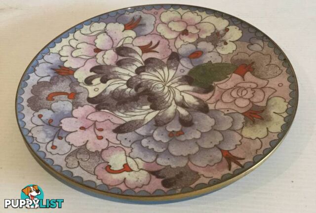 Hand painted porcelain enamel and brass plate Great colours