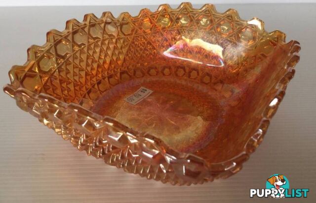 Carnival glass dish marigold 1940s Pressed hobnail 15 cm X 15