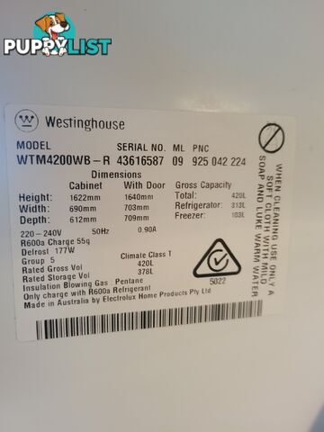 Westinghouse 420L top mount Fridge/Freezer