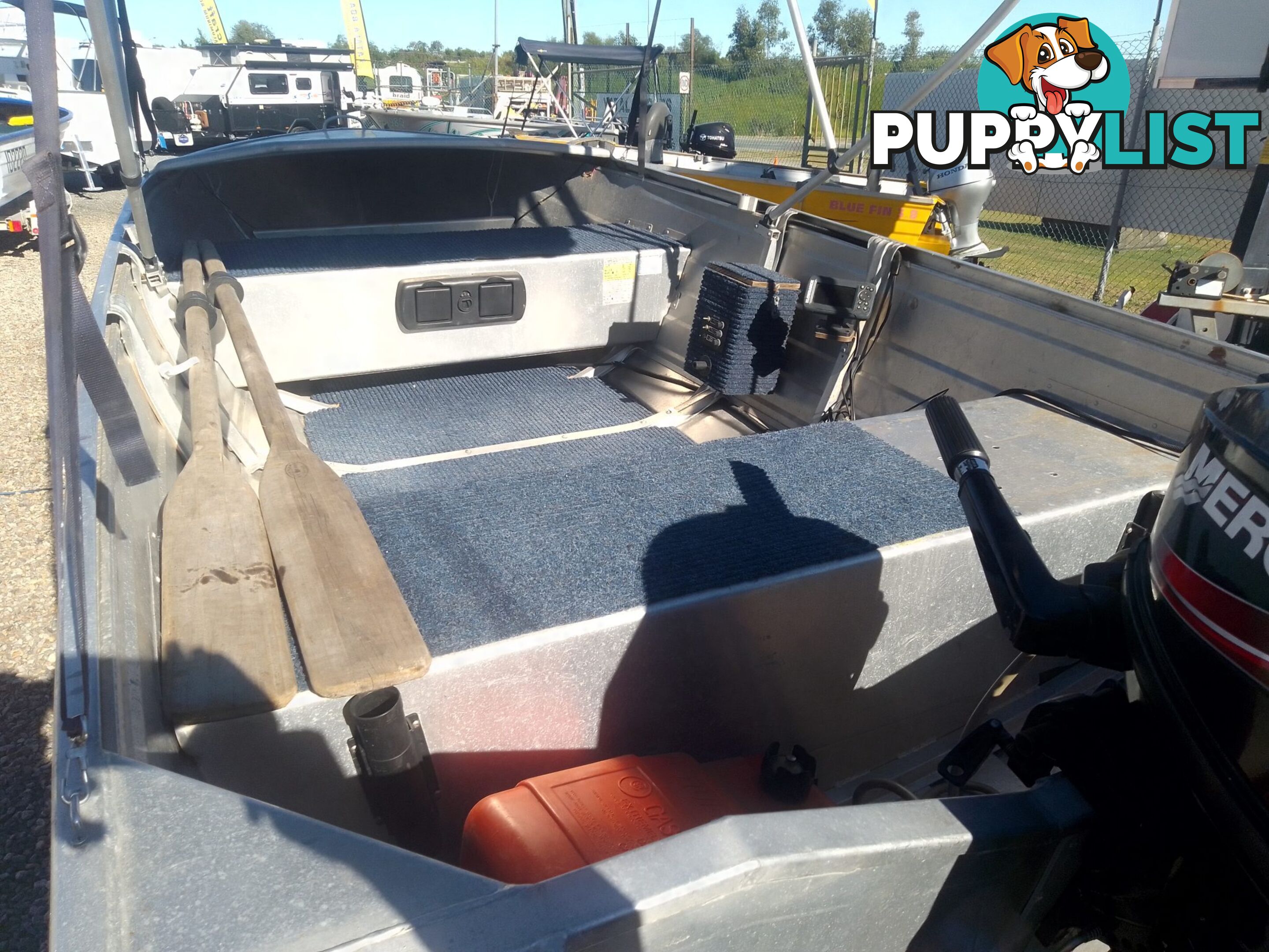 USED 2008 STACER 395 SEASPRITE OPEN DINGHY WITH A MERCURY 25HP OUTBOARD ON A 2003 SEALINK SINGLE AXLE TRAILER.
