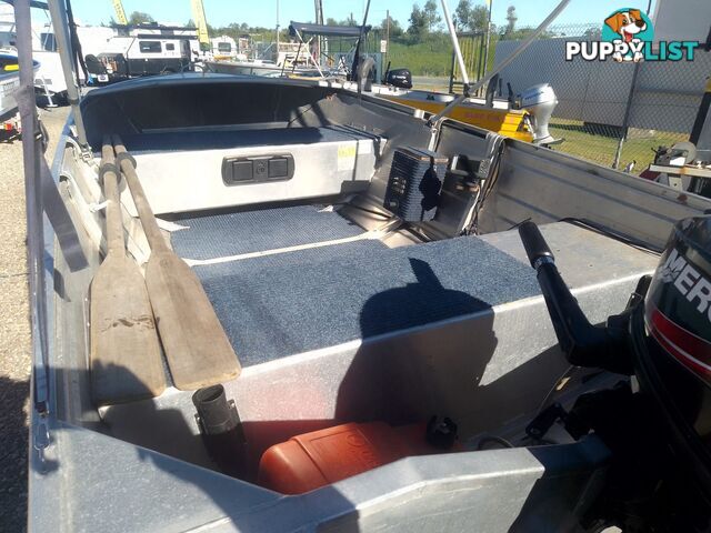 USED 2008 STACER 395 SEASPRITE OPEN DINGHY WITH A MERCURY 25HP OUTBOARD ON A 2003 SEALINK SINGLE AXLE TRAILER.