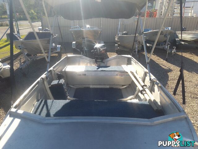 USED 2008 STACER 395 SEASPRITE OPEN DINGHY WITH A MERCURY 25HP OUTBOARD ON A 2003 SEALINK SINGLE AXLE TRAILER.