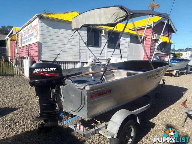 USED 2008 STACER 395 SEASPRITE OPEN DINGHY WITH A MERCURY 25HP OUTBOARD ON A 2003 SEALINK SINGLE AXLE TRAILER.