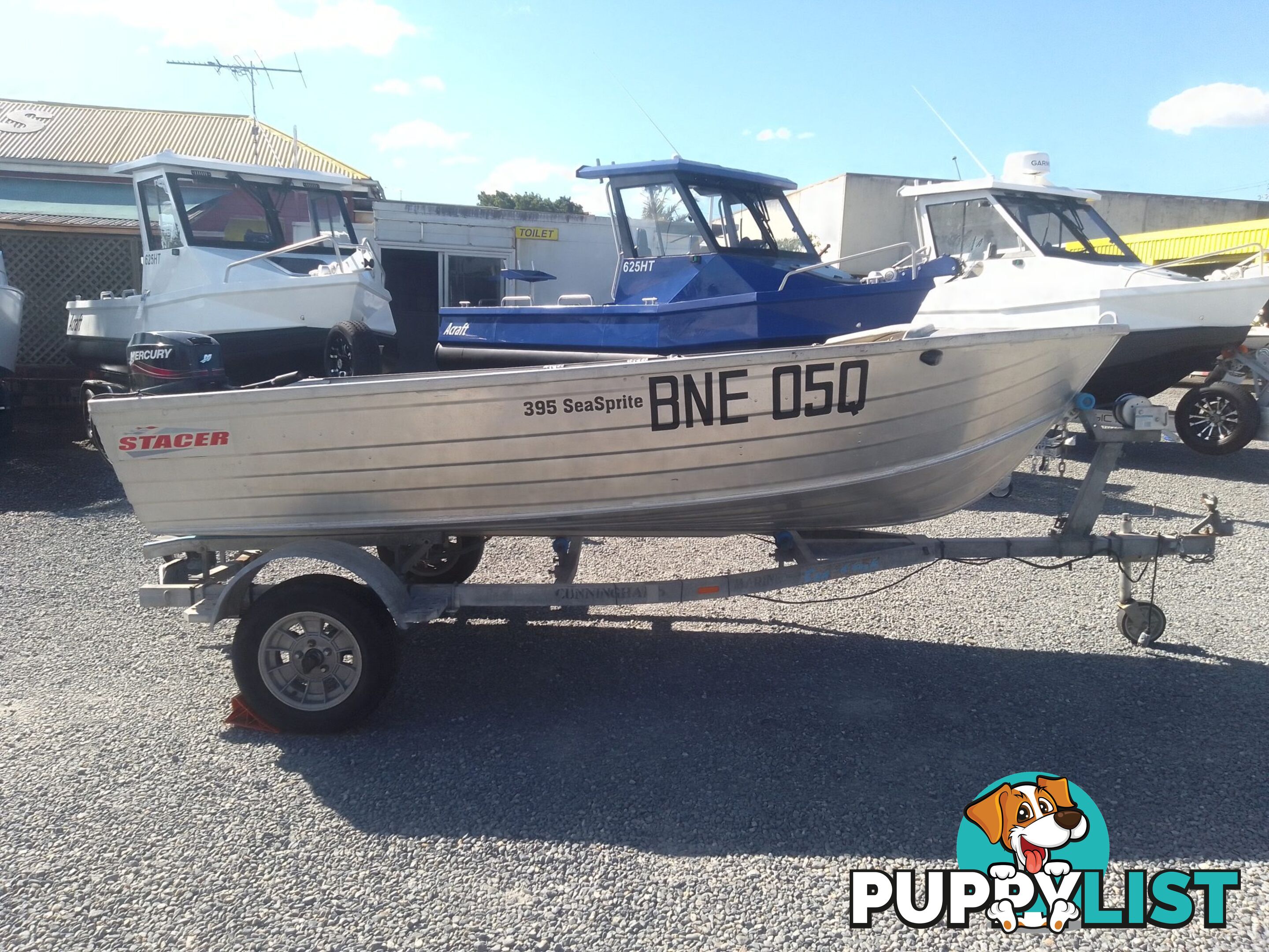 USED 2008 STACER 395 SEASPRITE OPEN DINGHY WITH A MERCURY 25HP OUTBOARD ON A 2003 SEALINK SINGLE AXLE TRAILER.