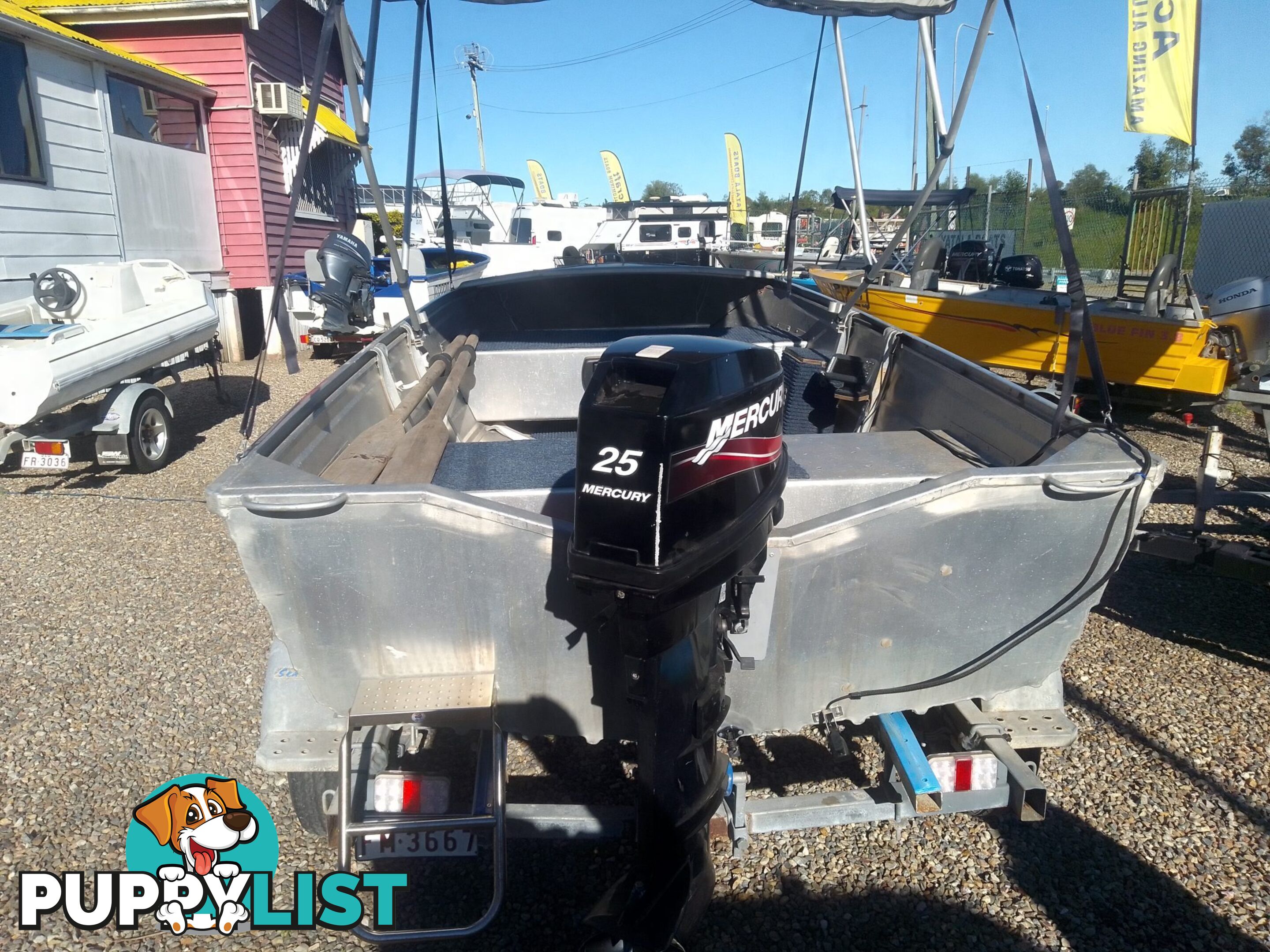 USED 2008 STACER 395 SEASPRITE OPEN DINGHY WITH A MERCURY 25HP OUTBOARD ON A 2003 SEALINK SINGLE AXLE TRAILER.