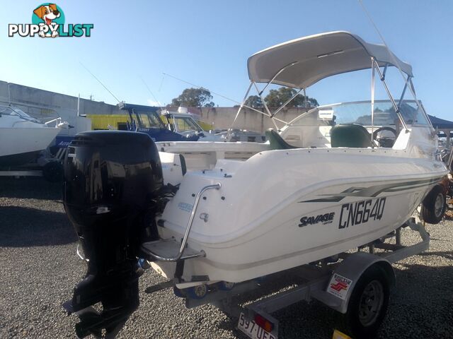 USED SAVAGE TASMAN 5.2 MT HALF CABIN 2005 POWERED BY A 115 HP SUZUKI 4 STROKE 2005 DONE 205 HOURS ON A 2017 MULTI ROLLER TRAILER