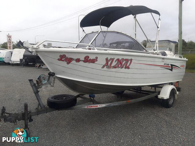 USED 2015 STACER SEAWAY 4.49M RUNABOAT WITH A 3 CYLINDER 50HP MERCURY ENGINE ON A 2014 TELWATER TRAILER.