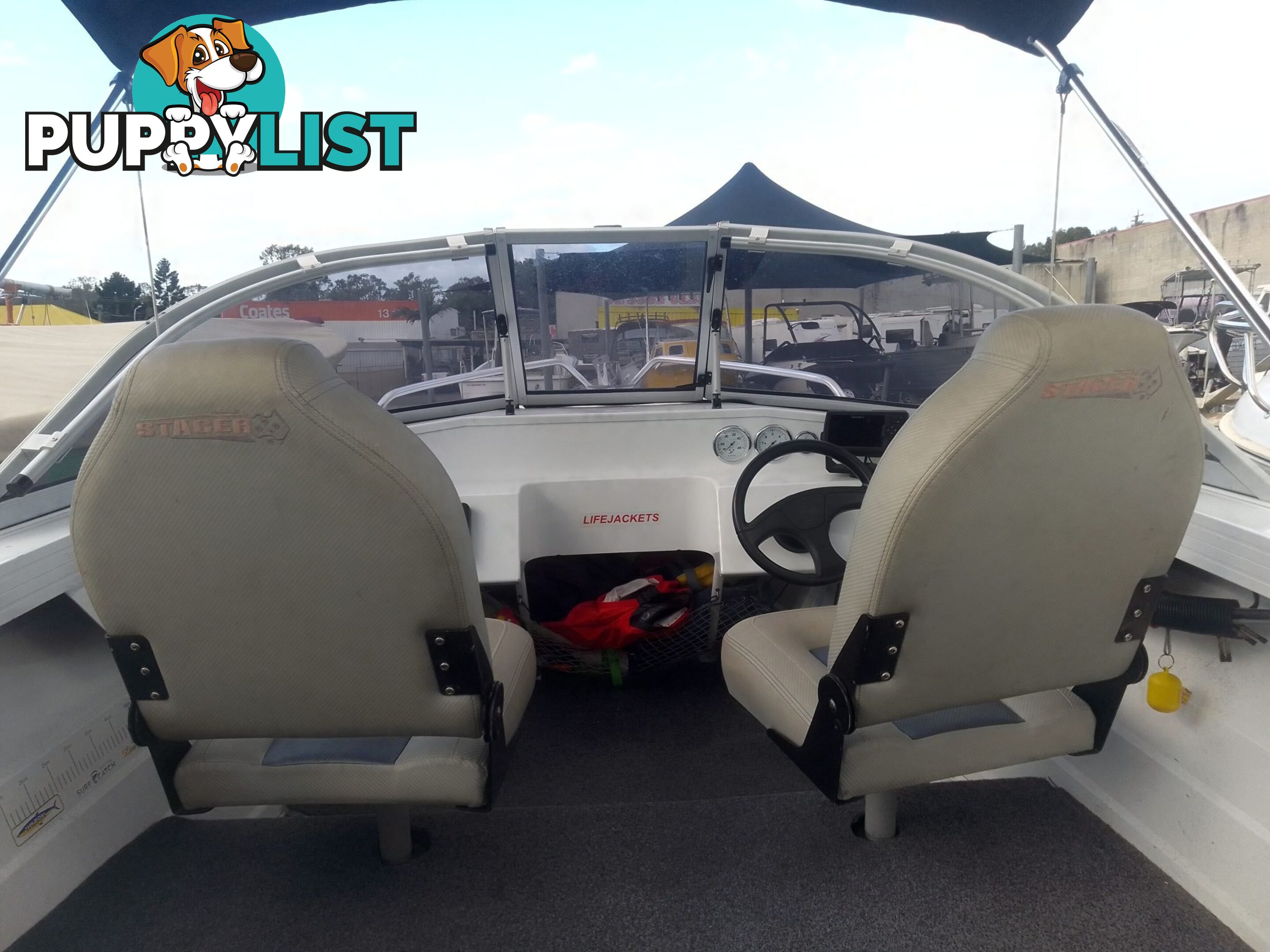 USED 2015 STACER SEAWAY 4.49M RUNABOAT WITH A 3 CYLINDER 50HP MERCURY ENGINE ON A 2014 TELWATER TRAILER.