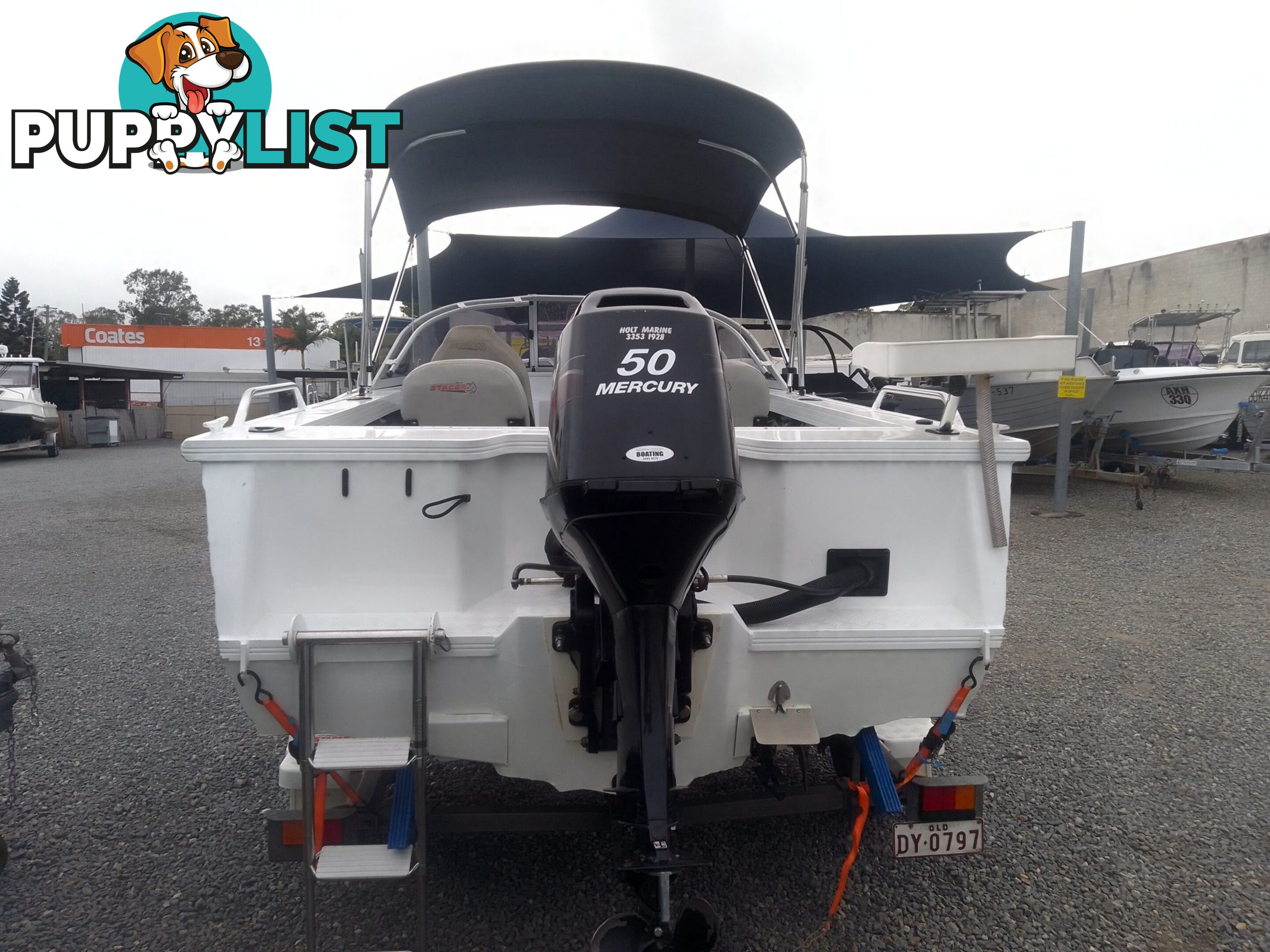 USED 2015 STACER SEAWAY 4.49M RUNABOAT WITH A 3 CYLINDER 50HP MERCURY ENGINE ON A 2014 TELWATER TRAILER.