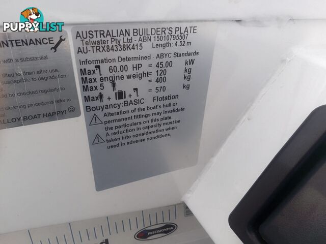 USED 2015 STACER SEAWAY 4.49M RUNABOAT WITH A 3 CYLINDER 50HP MERCURY ENGINE ON A 2014 TELWATER TRAILER.