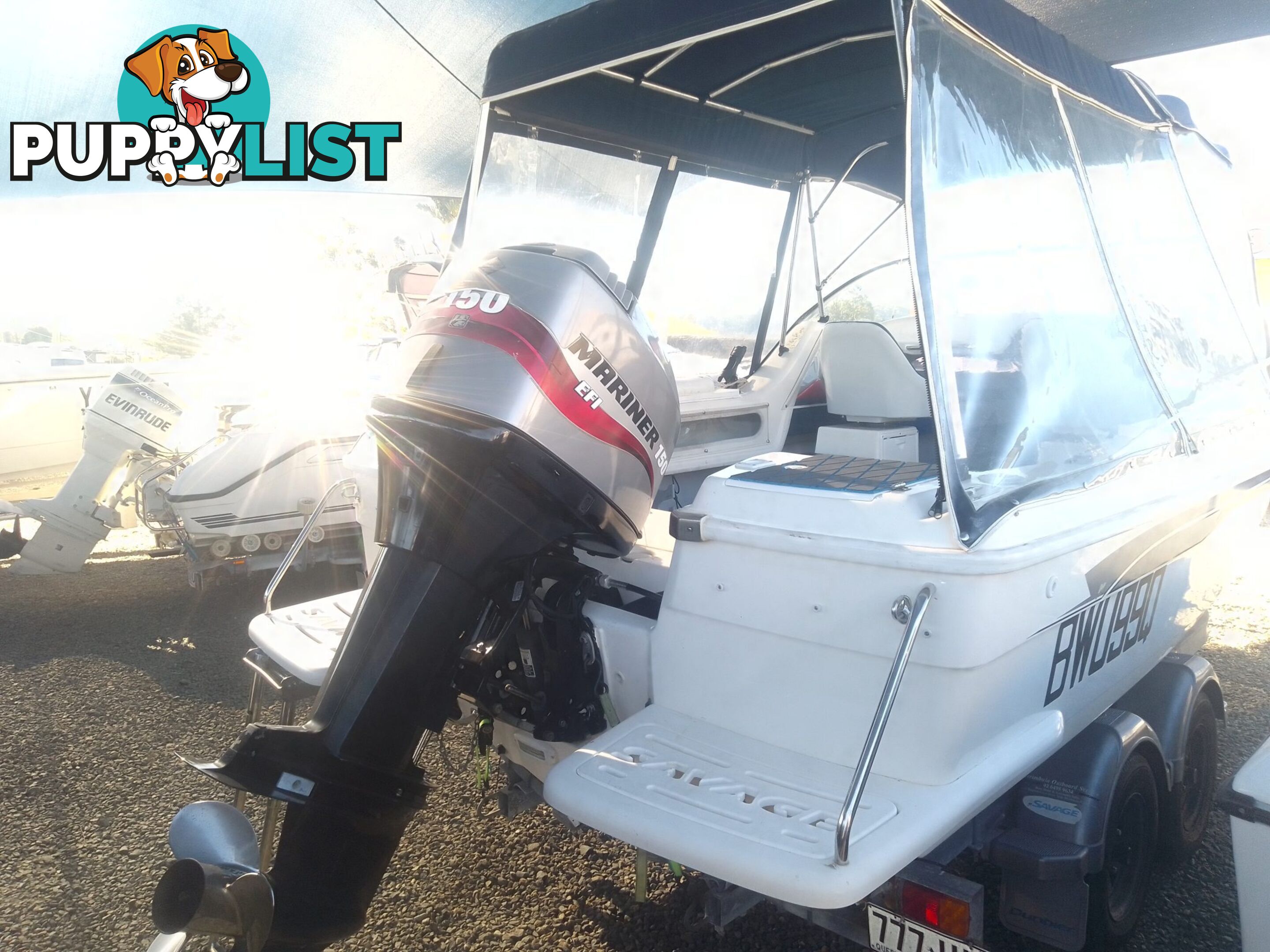 USED 2008 SAVAGE SURVEYOR HALF CABIN POWER BOAT ON A 2007 DUNBIER TRAILER WITH A 150HP MARINER EFI OUTBOARD MOTOR