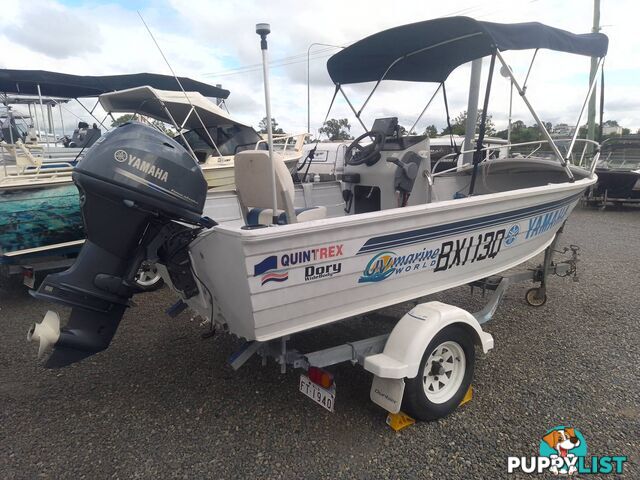 USED 2002 QUINTREX 4.2M CENTRE CONSOLE WIDE BODY DORY WITH A 40HP YAMAHA FOUR STROKE OUTBOARD ON A 2007 DUNBIER TRAILER.