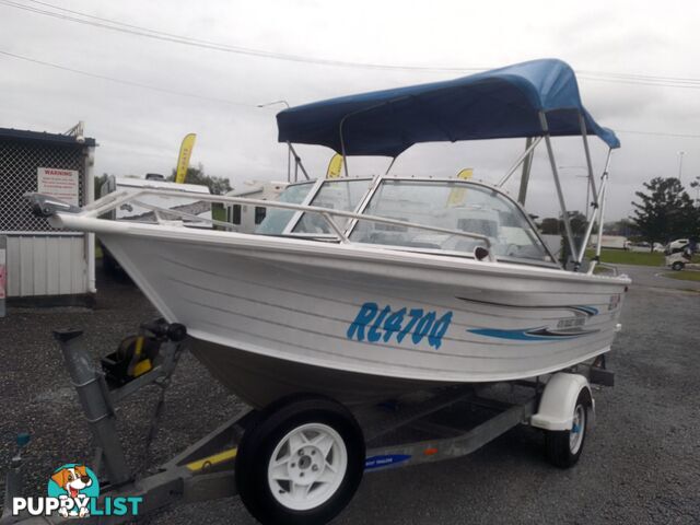 USED 2008 QUINTREX COAST RUNNER 470 WITH A 60HP MERCURY OUTBOARD ON A 2008 TELWATER SINGLE AXLE TRAILER