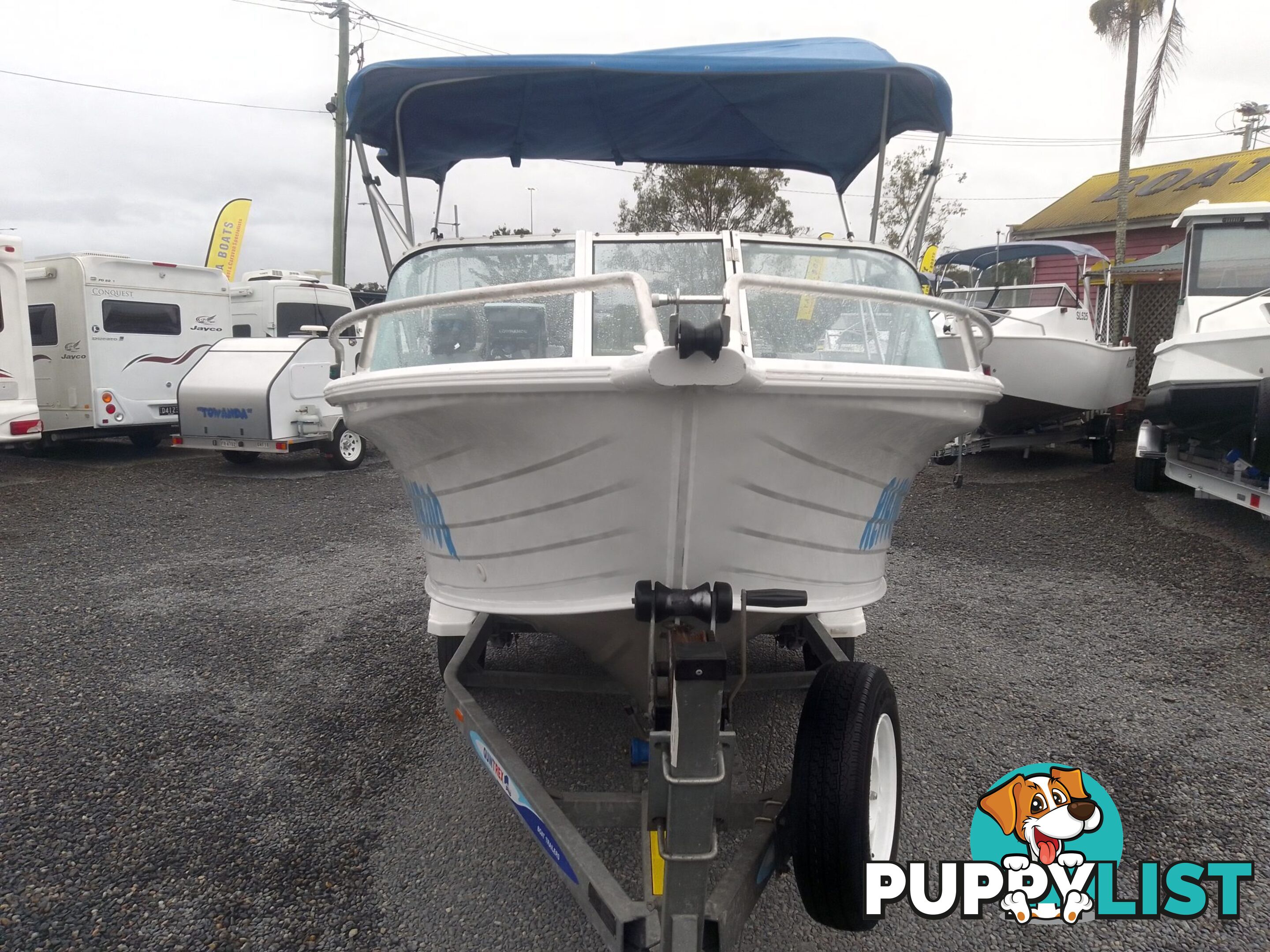 USED 2008 QUINTREX COAST RUNNER 470 WITH A 60HP MERCURY OUTBOARD ON A 2008 TELWATER SINGLE AXLE TRAILER