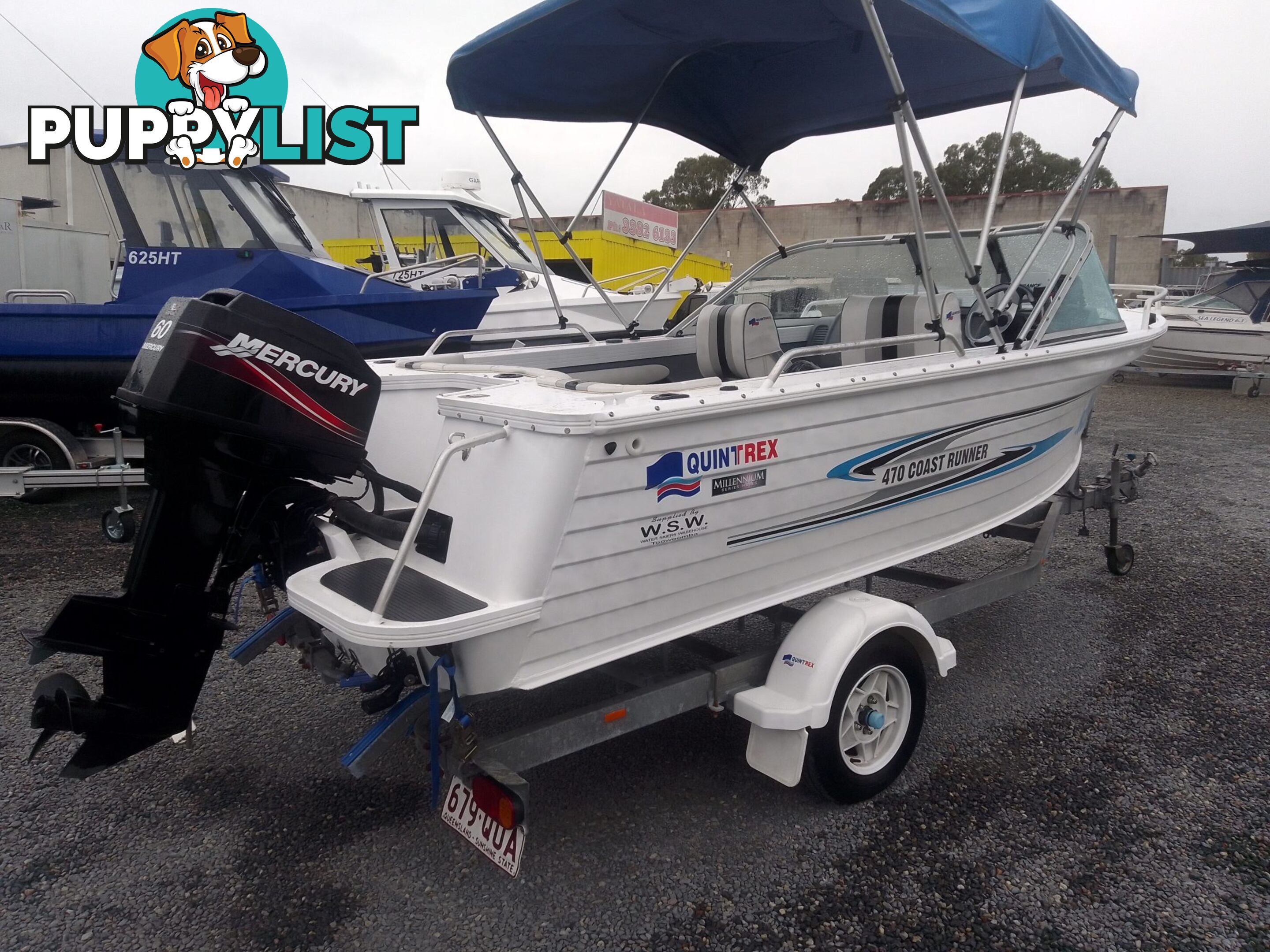 USED 2008 QUINTREX COAST RUNNER 470 WITH A 60HP MERCURY OUTBOARD ON A 2008 TELWATER SINGLE AXLE TRAILER