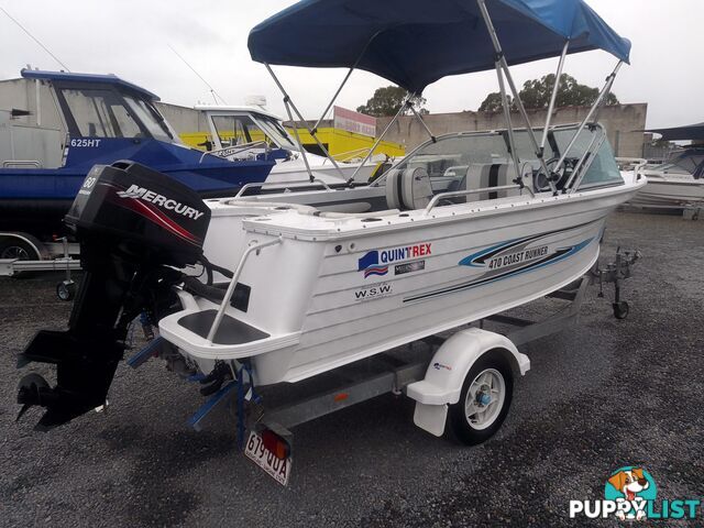 USED 2008 QUINTREX COAST RUNNER 470 WITH A 60HP MERCURY OUTBOARD ON A 2008 TELWATER SINGLE AXLE TRAILER