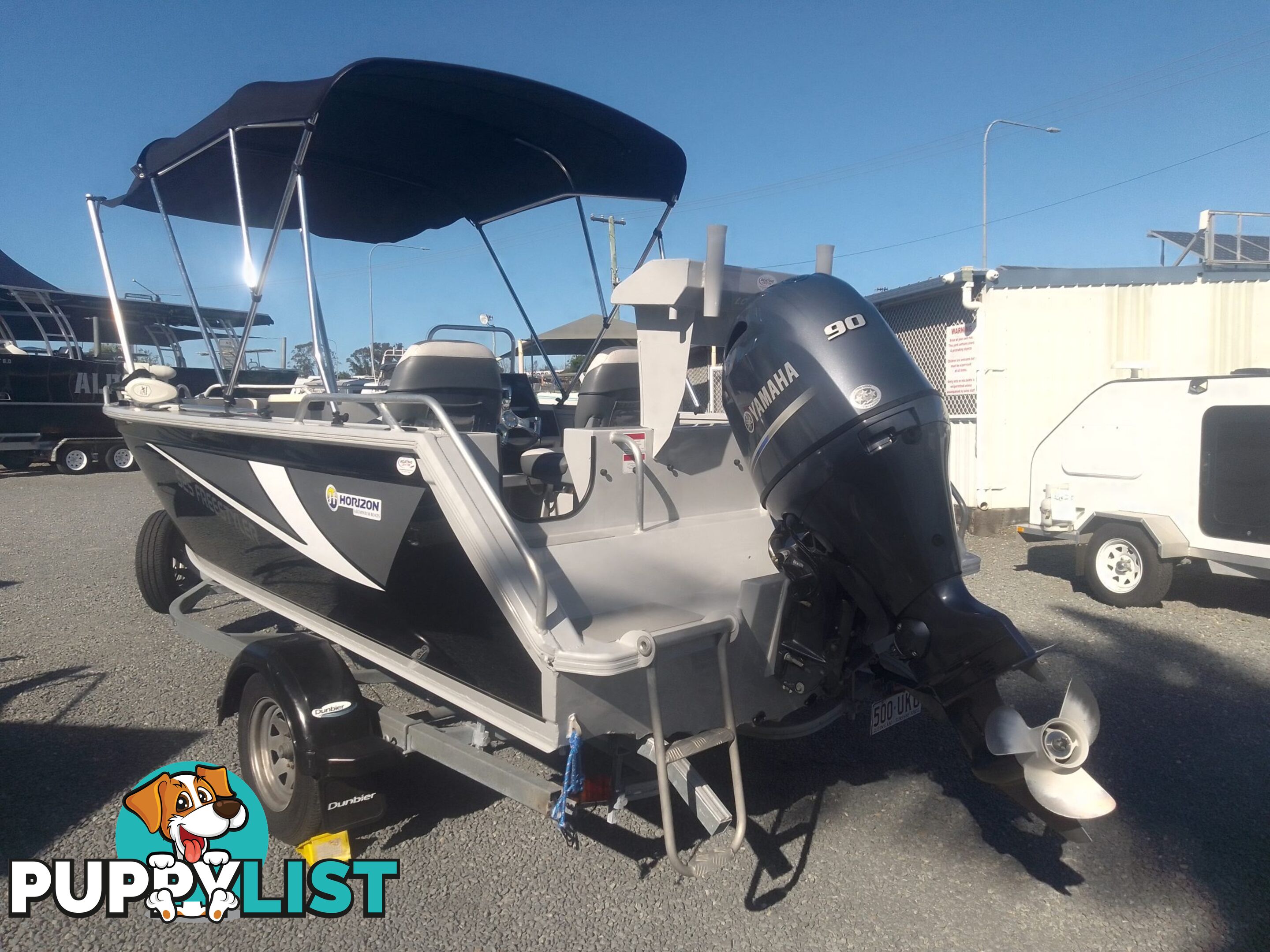 USED 2020 HORIZON FREESTYLER 5.25M SIDE CONSOLE WITH A 2020 YAMAHA 90HP 4 STROKE OUTBOARD ON A 2020 DUNBIER SINGLE AXLE TRAILER.