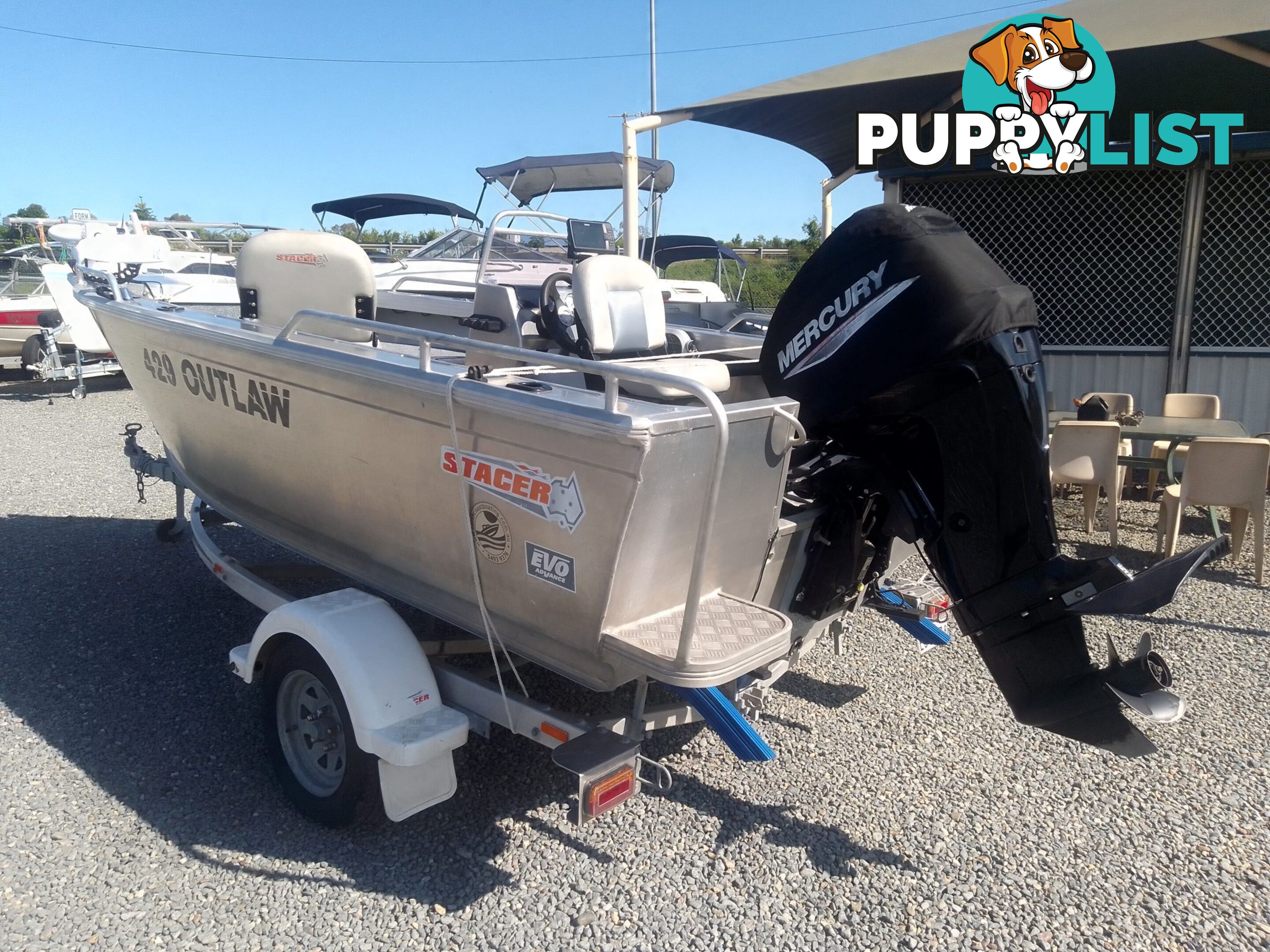 USED 2019 STACER 429 OUTLAW WITH A 40HP MERCURY 4 STROKE OUTBOARD ON A 2019 STACER TRAILER
