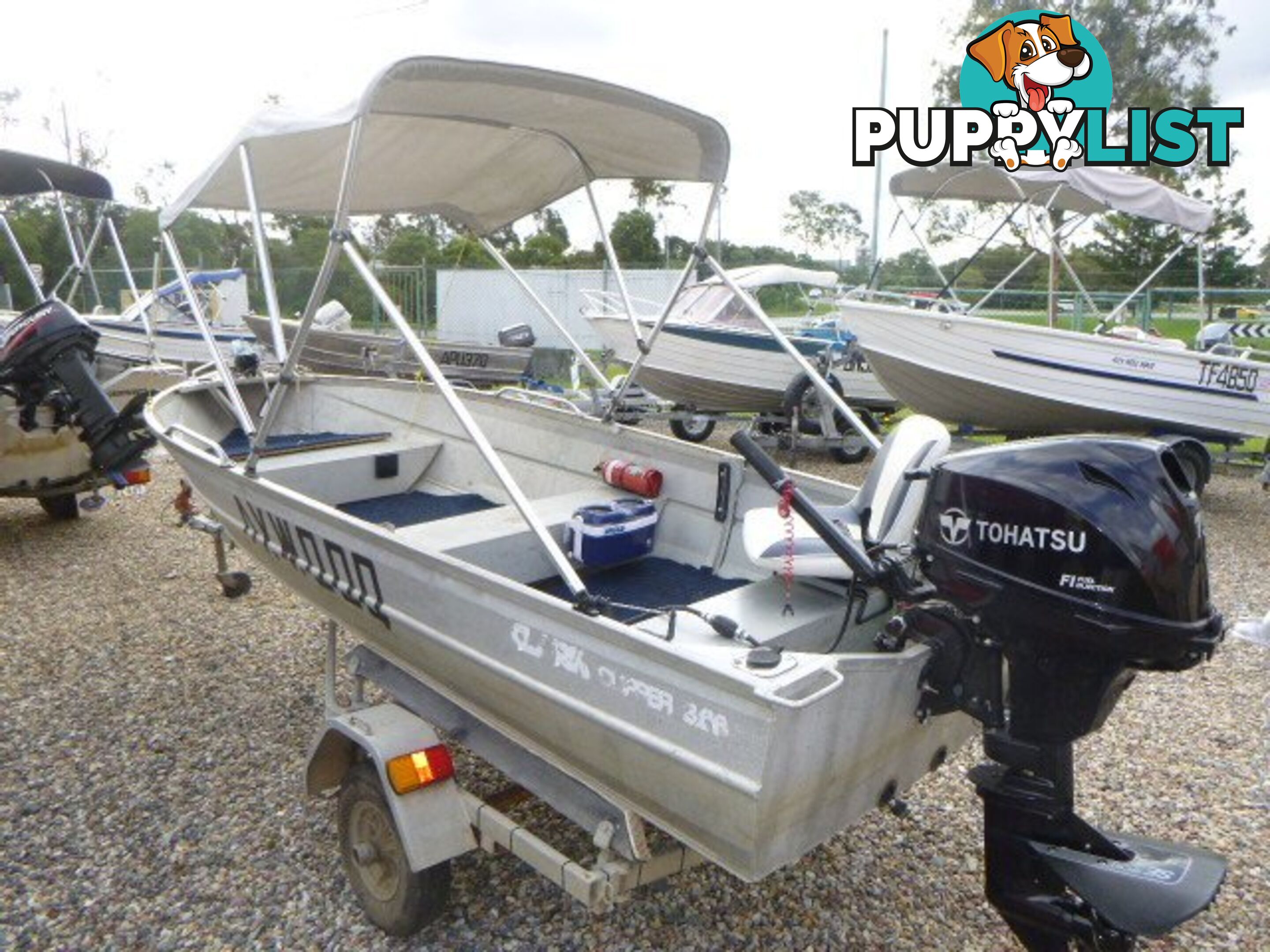 CLARK 3.1 CLIPPER DINGHY WITH 15HP 4 STROKE TOHATSU AND TRAILER Stock# 8486  TYPE Boats   LENG