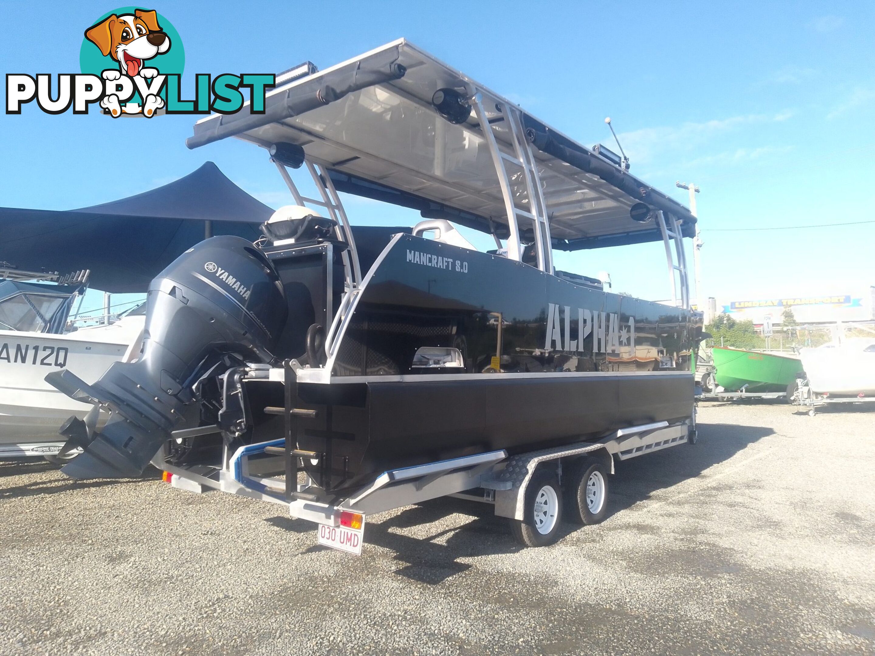 USED 2021 MANCRAFT 8.00M PONTOON BOAT WITH 2020 MODEL 250HP YAMAHA 4 STROKE ENGINE ON A 2021 DAVID BALE BUILT ALLOY CUSTOM BUILT TRAILER.