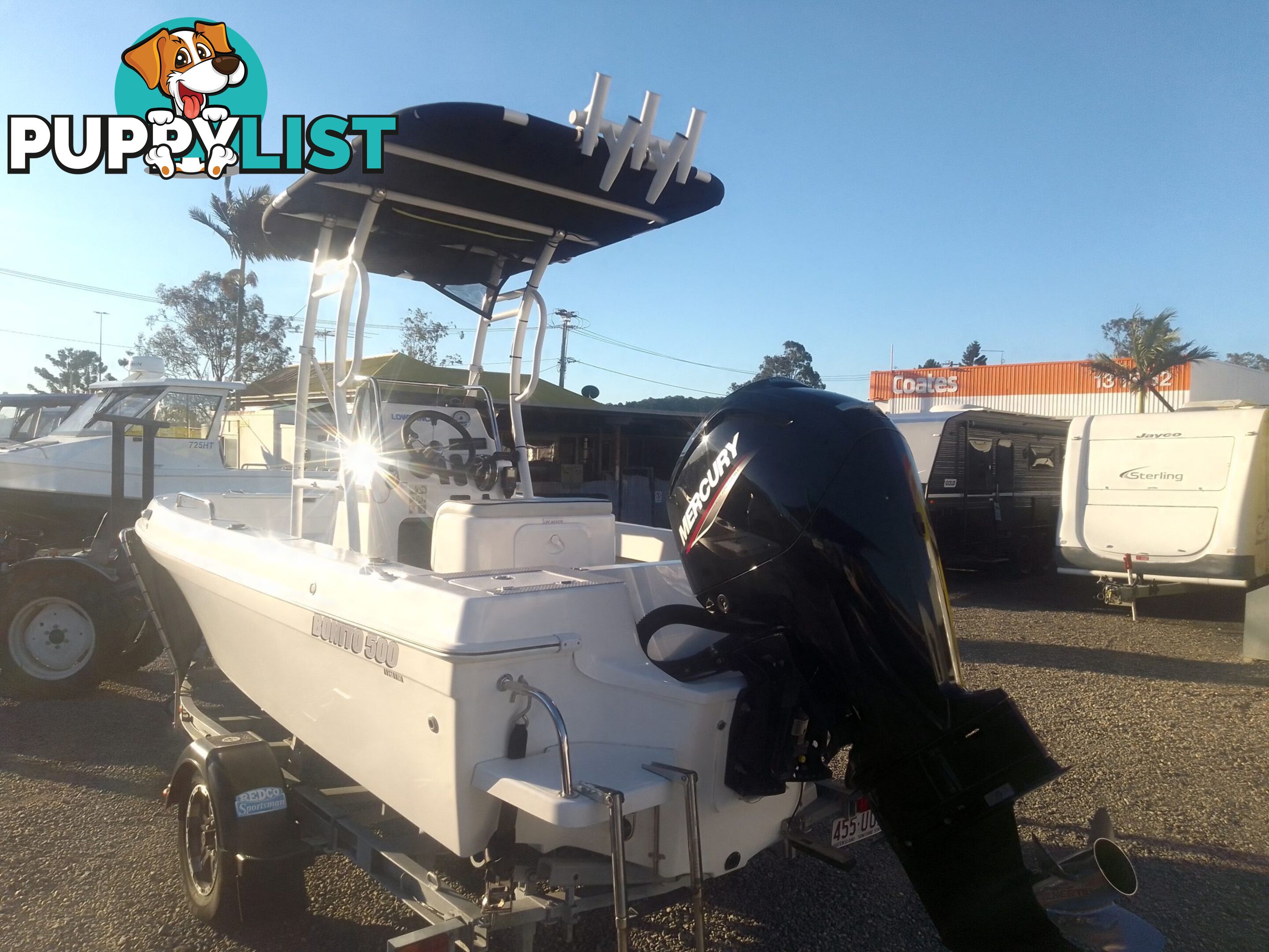 USED 2020 5M BONITO 500 CENTRE CONSOLE ON A 2020 MAYFAIR MARINE SINGLE AXLE TRAILER WITH A 2020 90HP MERCURY 4 STROKE OUTBOARD.