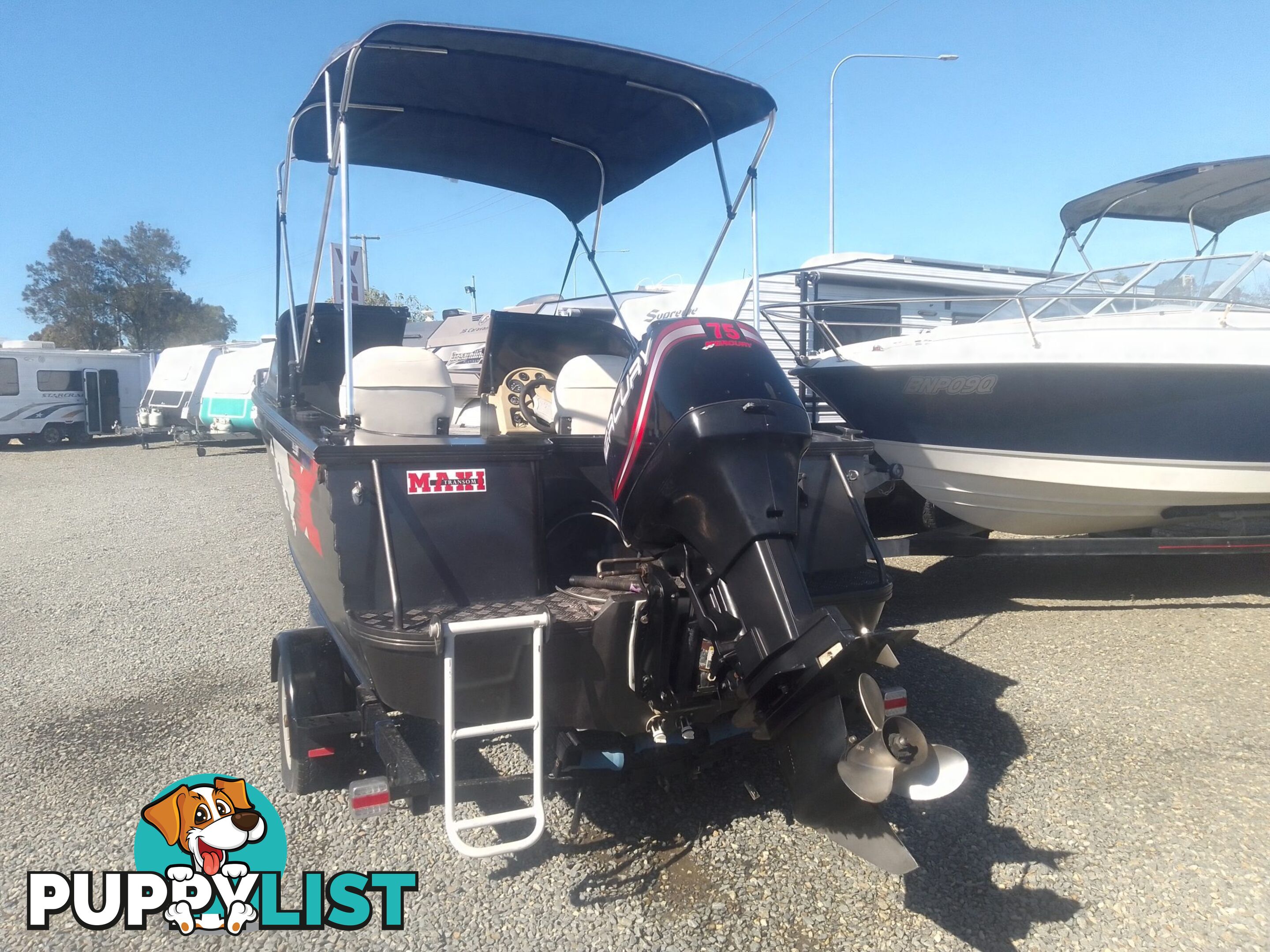 USED 2003 QUINTREX FREEDOM SPORTS 4.75M BOWRIDER WITH A 2002 75HP MERCURY OUTBOARD ON A SPECIAL SINGLE AXLE TRAILER