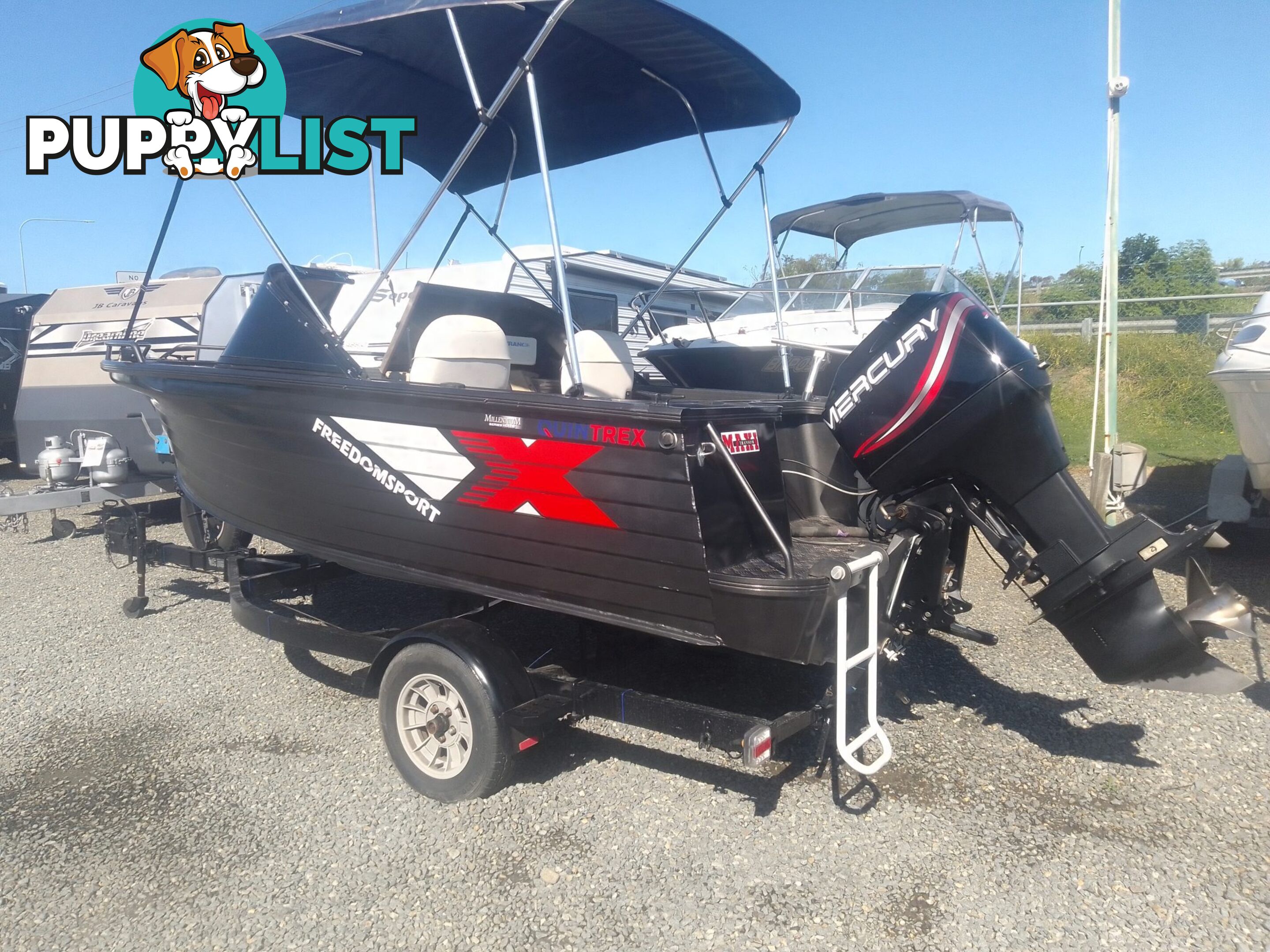 USED 2003 QUINTREX FREEDOM SPORTS 4.75M BOWRIDER WITH A 2002 75HP MERCURY OUTBOARD ON A SPECIAL SINGLE AXLE TRAILER