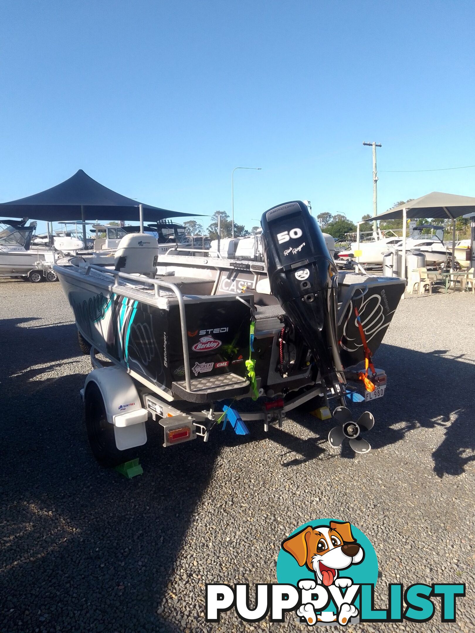 USED 2019 QUINTREX REGENADE 420 WITH A 50HP MERCURY 4 STROKE TILLER STEER ON A 2018 TELWATER TRAILER