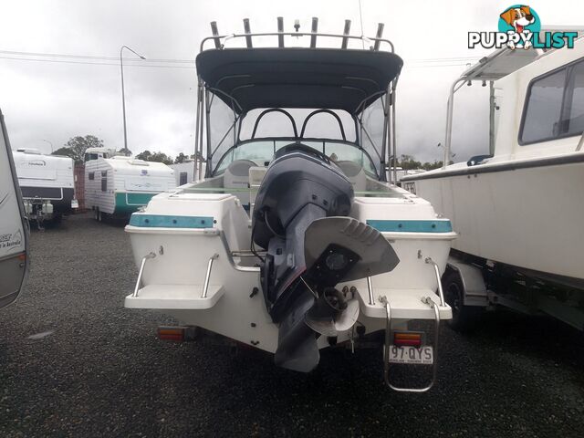 USED 2001 HAINES HUNTER 530 HALF CABIN ON A 2002 TINKA MULTI ROLLER TRAILER WITH A 115HP YAMAHA OUTBOARD.