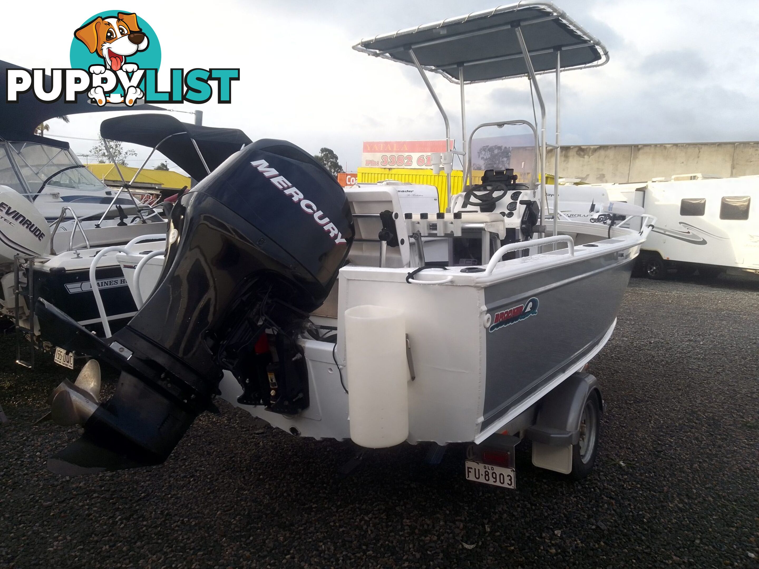 USED 2011 BROOKER DISCOVERY 5M CENTRE CONSOLE WITH A 2007 75HP MERCURY EFI 4 STROKE OUTBOARD ON A 2002 QUINTREX SINGLE AXLE TRAILER.