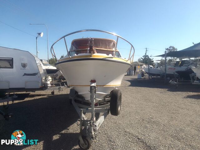 USED 1989 SMUGGLER 6.30 HALF CABIN WITH A 225HP V6 EVINRUDE OUTBOARD ON A 2000 MODEL DUAL AXLE TRAILER.
