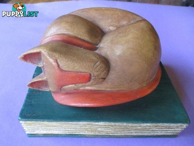 Sleeping Cat Wooden Bookend-Woodcroft
