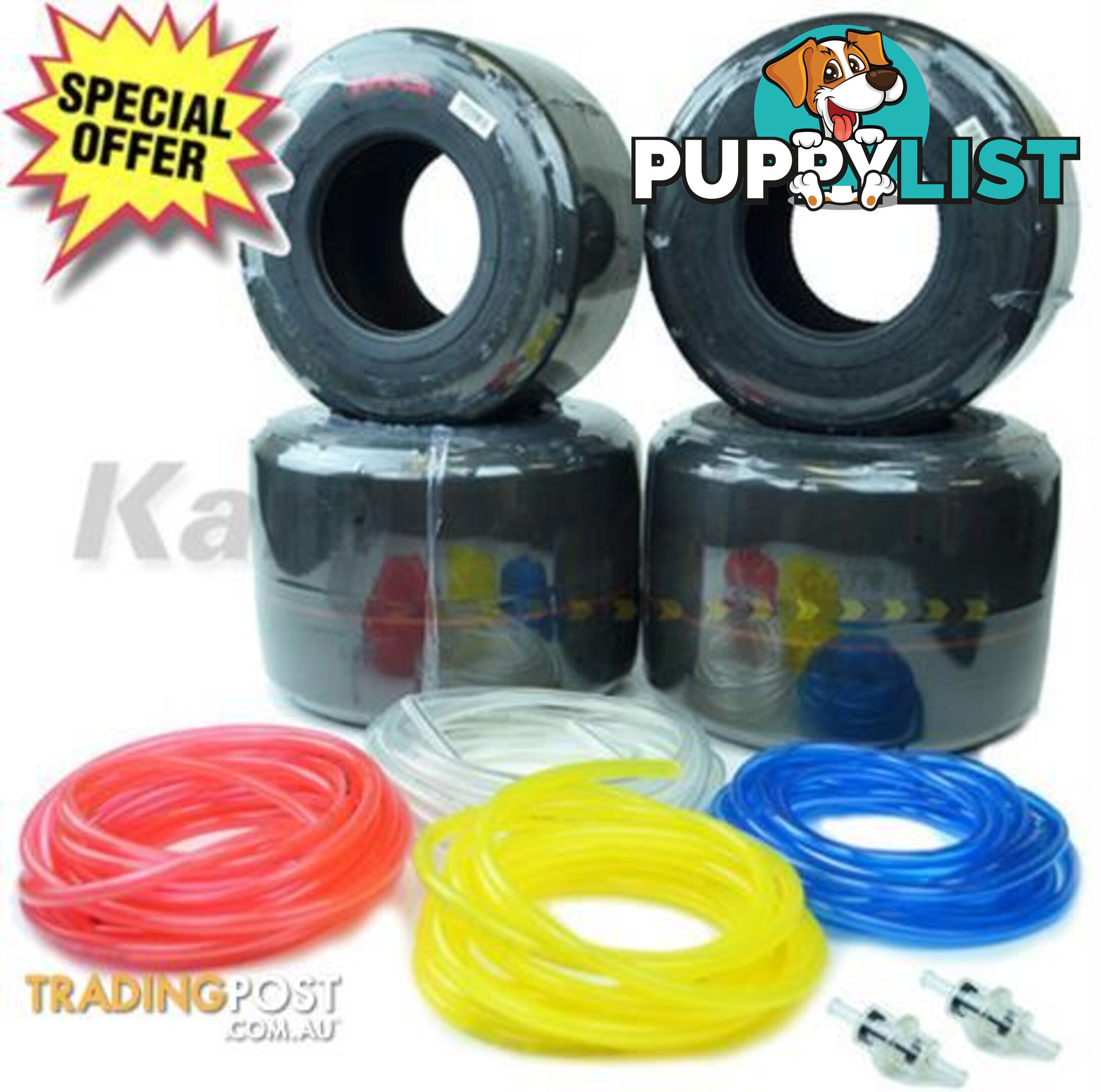 Go Kart MG Red FULL SET TYRES W/ 3M FUEL LINE AND 2 HI FLOW FUEL FILTERS Full set on MG YELLOW tyres 3m Fuel Line, your choice between red, yellow, blue or clear. Please leave a message when checking out, if no message is left a random colour will be sent