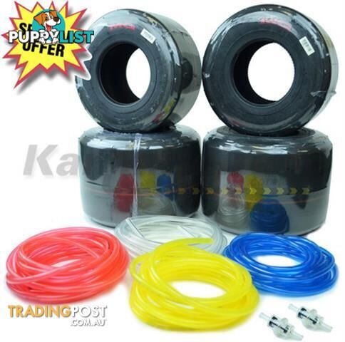 Go Kart MG Red FULL SET TYRES W/ 3M FUEL LINE AND 2 HI FLOW FUEL FILTERS Full set on MG YELLOW tyres 3m Fuel Line, your choice between red, yellow, blue or clear. Please leave a message when checking out, if no message is left a random colour will be sent