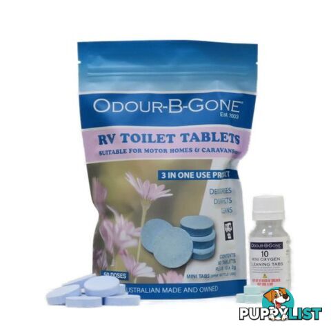 Odour-B-Gone 50Pk RV Toilet Tablets Deodorising Disinfecting Chemicals