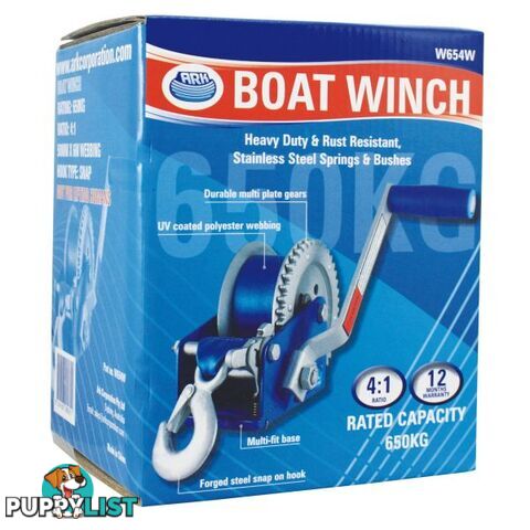 Ark W654W Heavy Duty 4:1 Medium Trailer Boat Winch 650kg rated capacity 50mm x 6m webbing