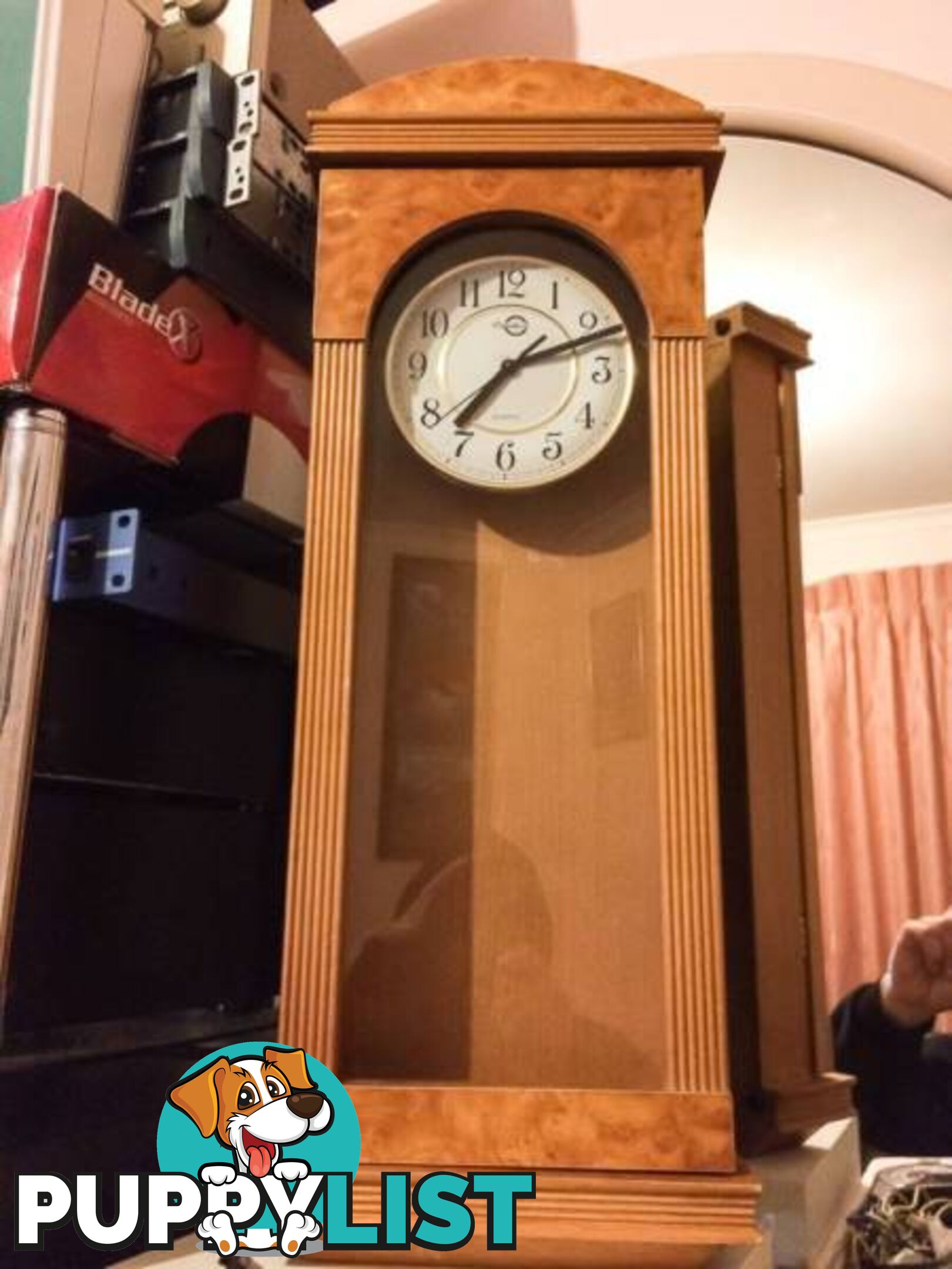 WALL MOUNTED CLOCK IN WOODEN CASE WITH GLASS DOOR