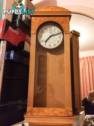 WALL MOUNTED CLOCK IN WOODEN CASE WITH GLASS DOOR