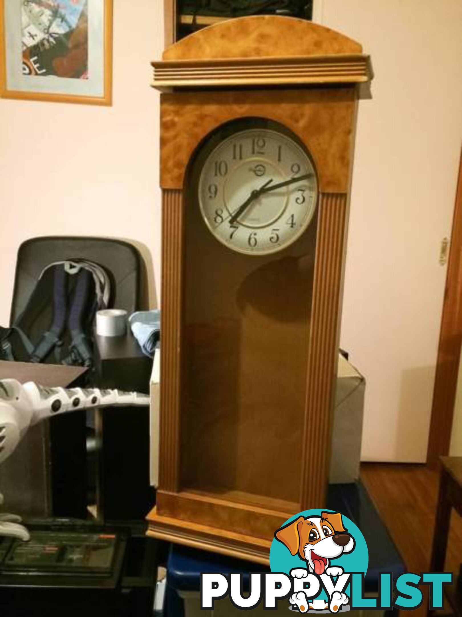 WALL MOUNTED CLOCK IN WOODEN CASE WITH GLASS DOOR