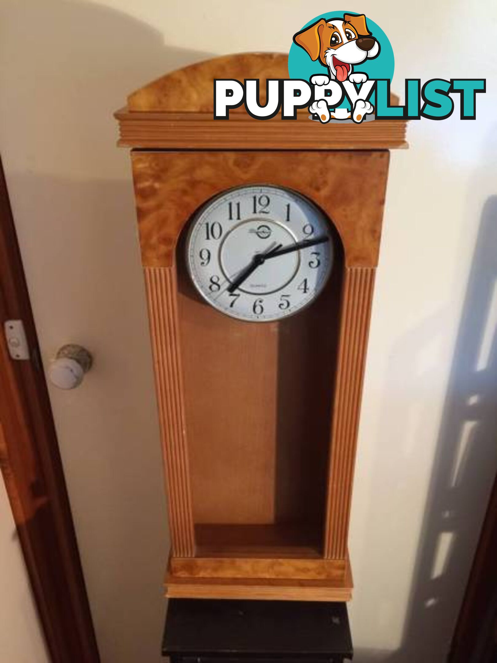 WALL MOUNTED CLOCK IN WOODEN CASE WITH GLASS DOOR