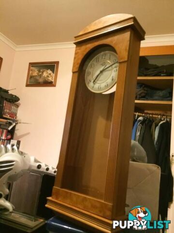 WALL MOUNTED CLOCK IN WOODEN CASE WITH GLASS DOOR