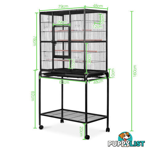 Pet Parrot Aviary Bird Cage w/ Wheels Stand 160cm Black