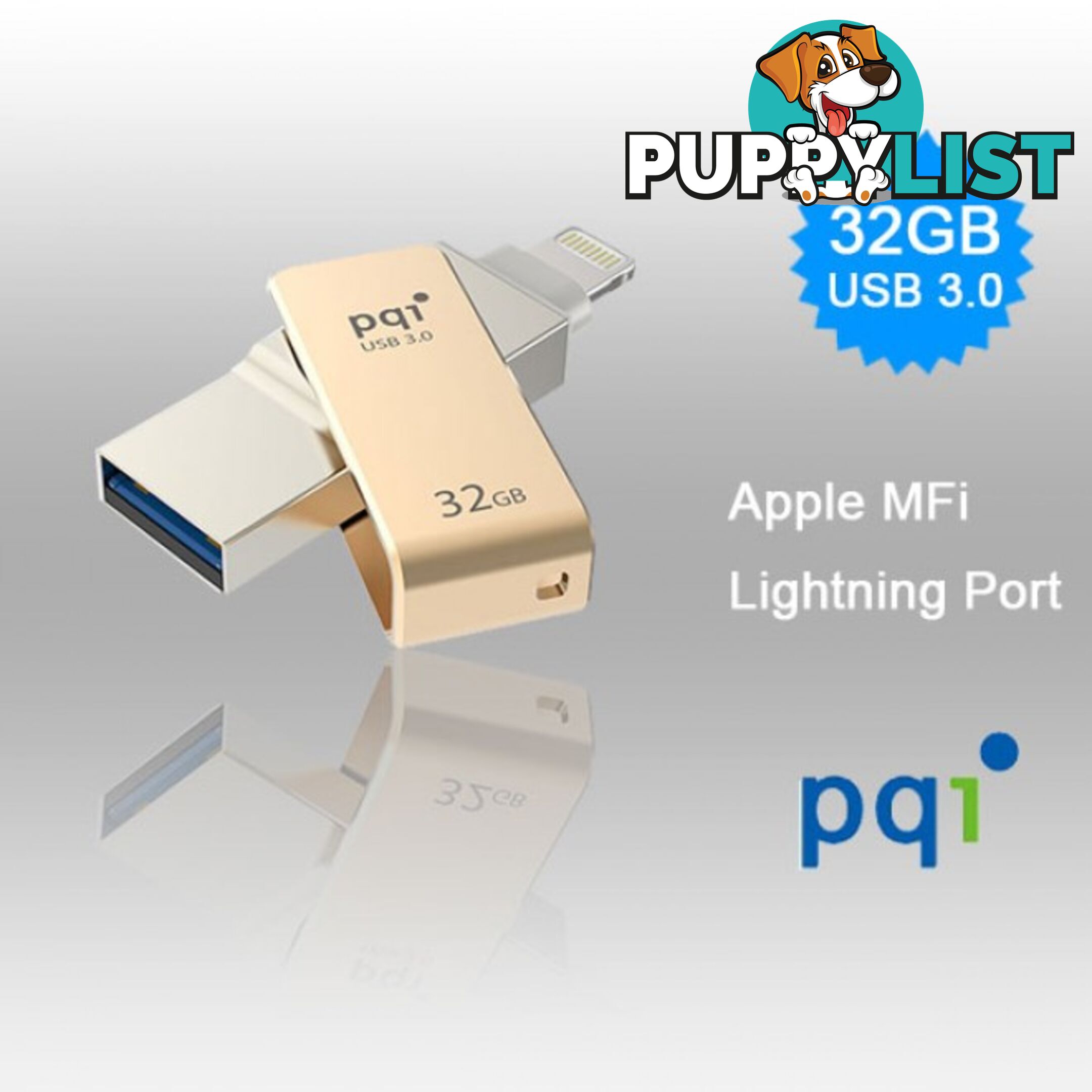 PQI iConnect Mini 6I04-032GR2001 Gold [Apple MFi] 32 GB Mobile Flash Drive w/ Lightning Connector for iPhones iPads Mac & PC USB 3.0 (6I04-032GR2001)