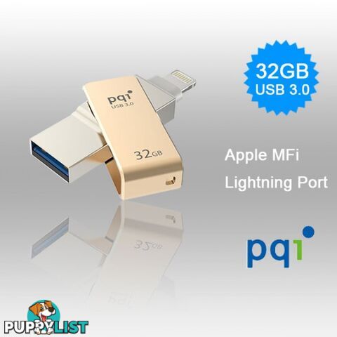 PQI iConnect Mini 6I04-032GR2001 Gold [Apple MFi] 32 GB Mobile Flash Drive w/ Lightning Connector for iPhones iPads Mac & PC USB 3.0 (6I04-032GR2001)