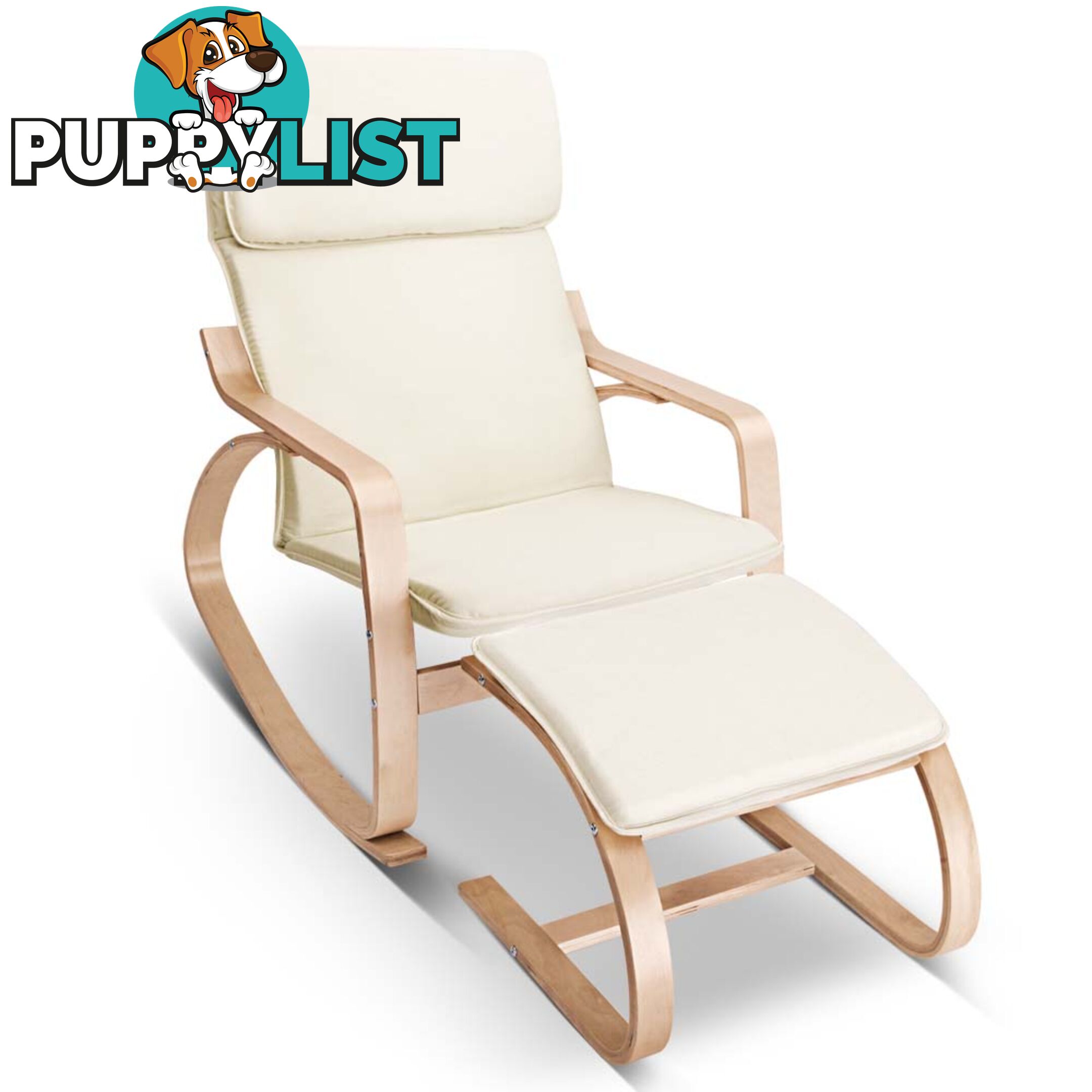 Birch Plywood Fabric Lounge Rocking Chair - Beige - with Foot Stool