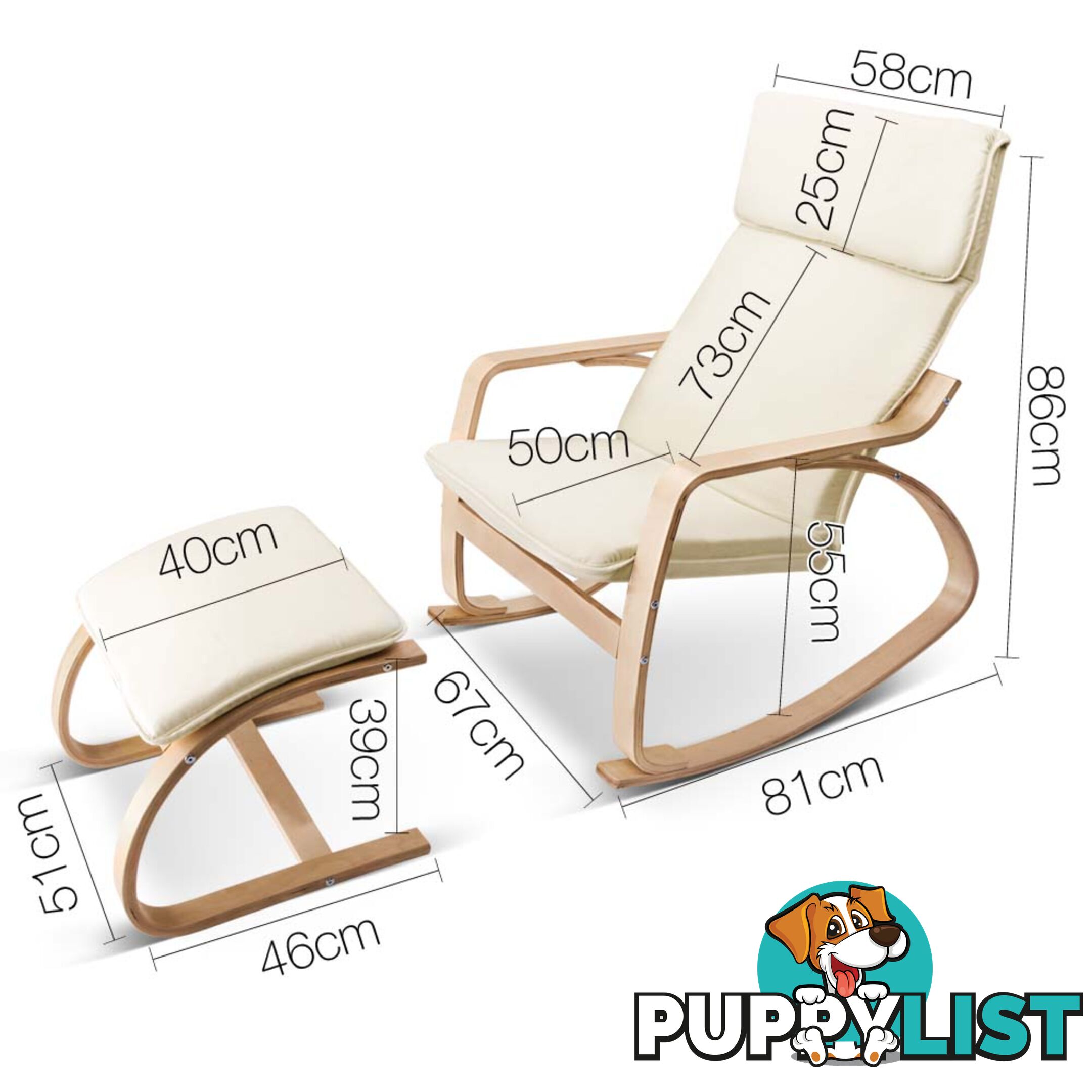 Birch Plywood Fabric Lounge Rocking Chair - Beige - with Foot Stool